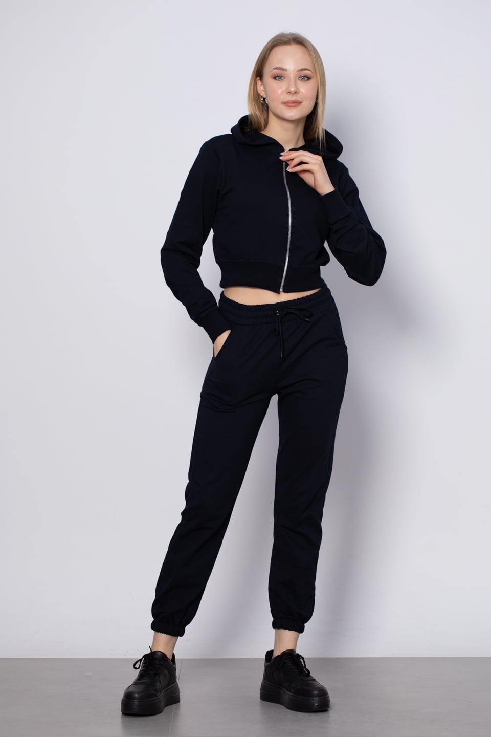 Kapüşonlu Kısa İnce Sweatshirt - Lacivert