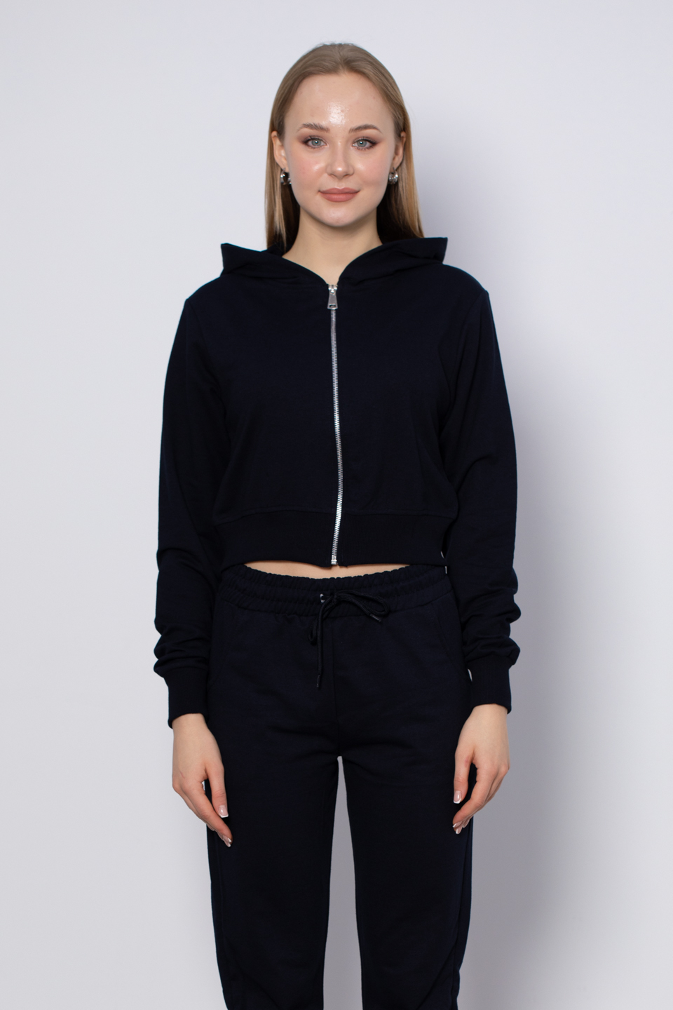 Kapüşonlu Kısa İnce Sweatshirt - Lacivert