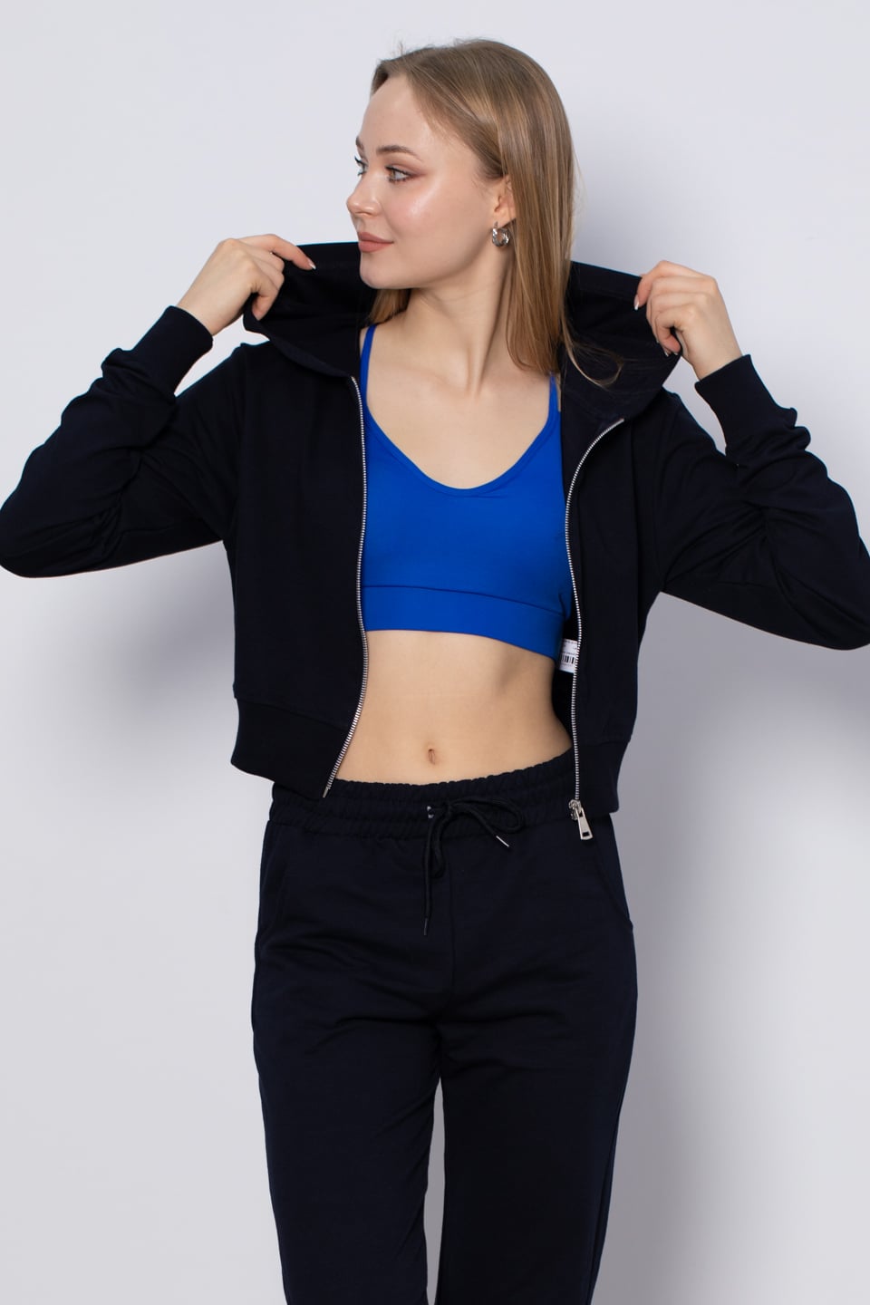 Kapüşonlu Kısa İnce Sweatshirt - Lacivert