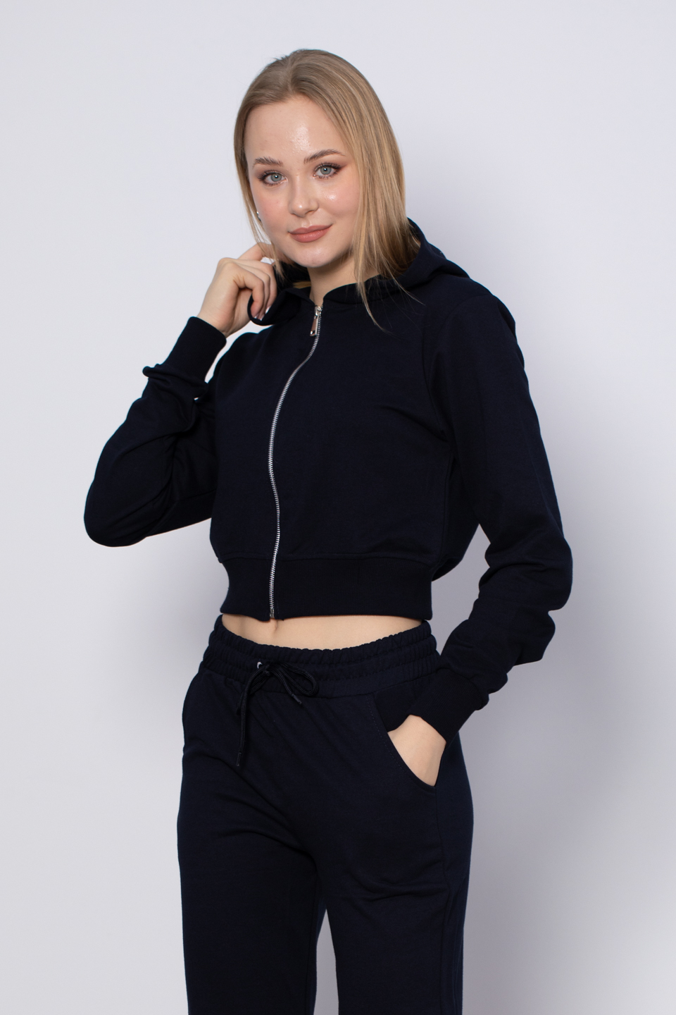 Kapüşonlu Kısa İnce Sweatshirt - Lacivert