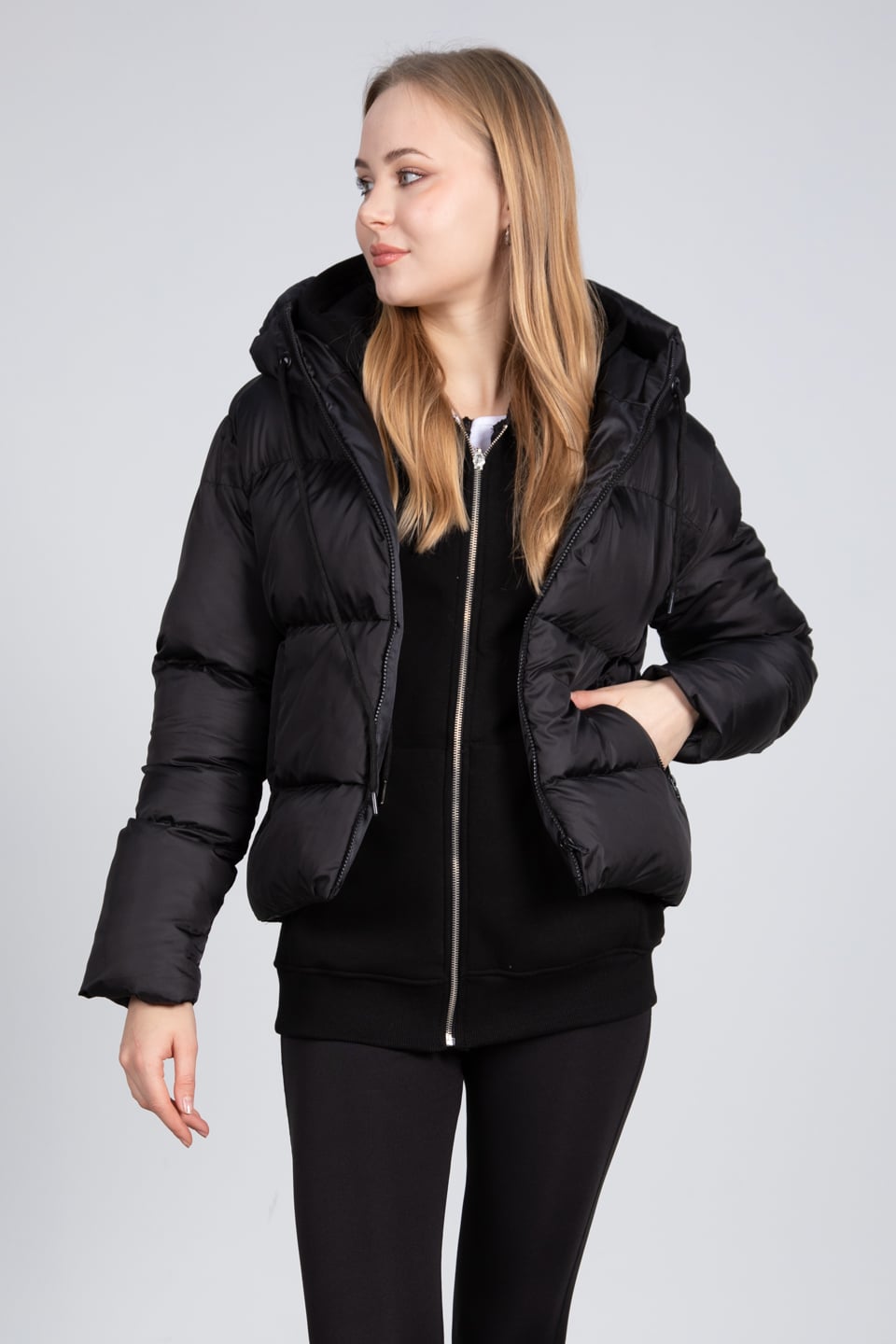 Kapüşonlu kısa oversize mont-22-003 Siyah