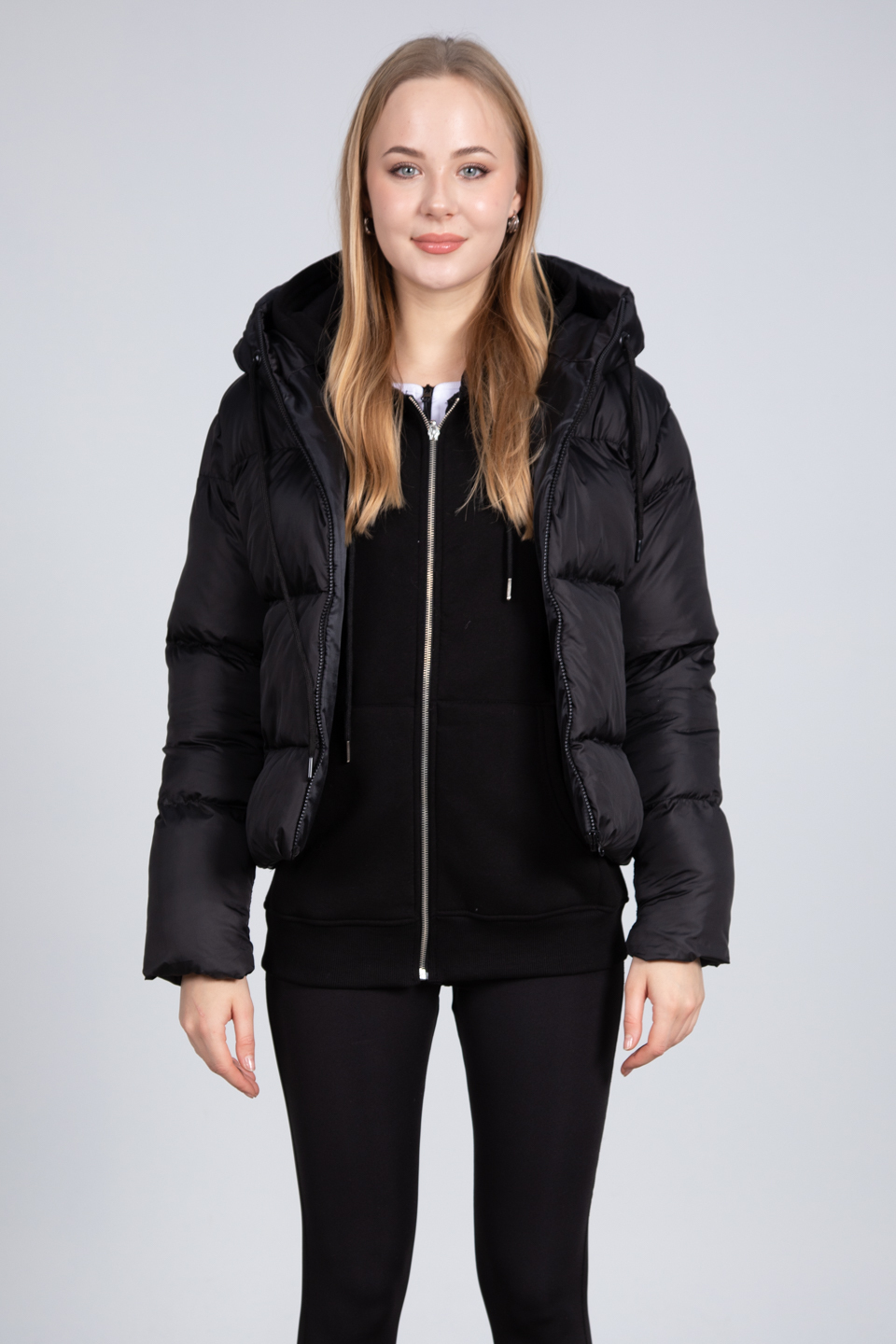 Kapüşonlu kısa oversize mont-22-003 Siyah