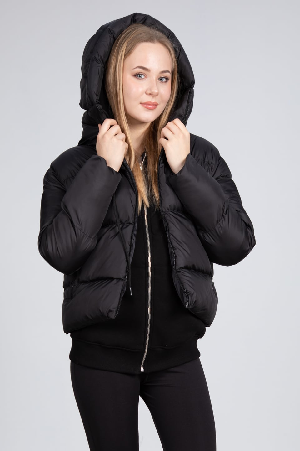 Kapüşonlu kısa oversize mont-22-003 Siyah