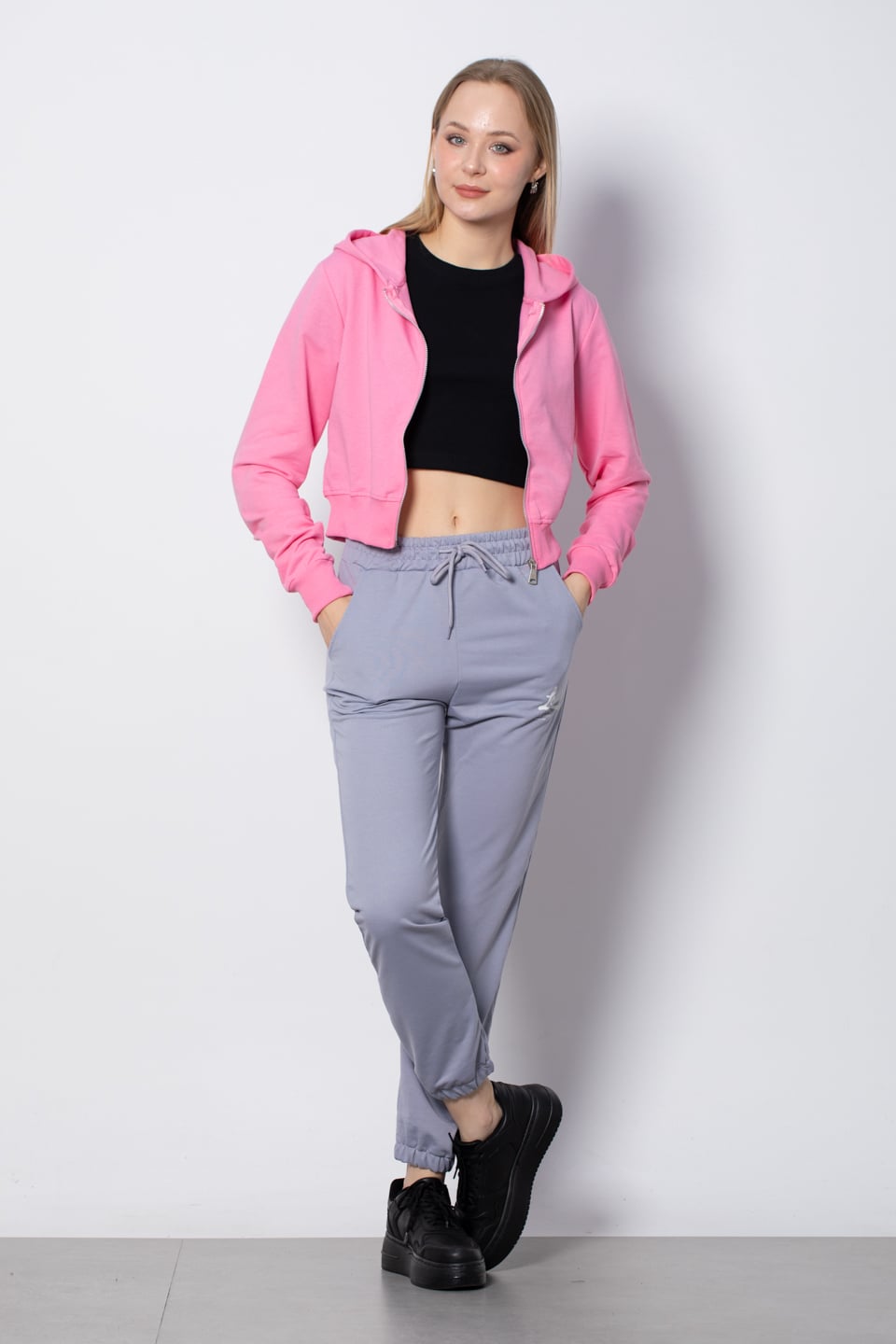 Kapüşonlu Kısa Sweatshirt - Pembe