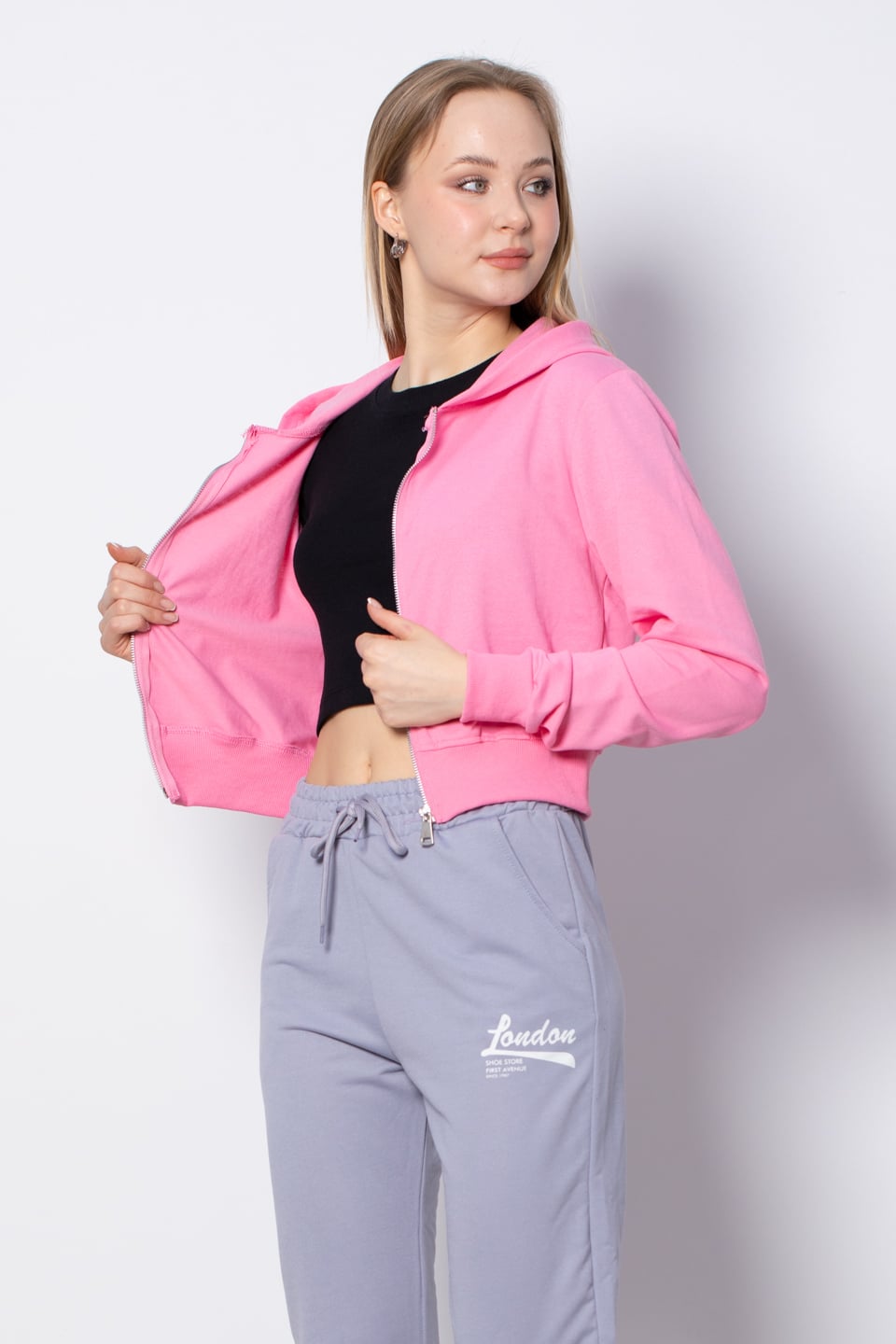 Kapüşonlu Kısa Sweatshirt - Pembe