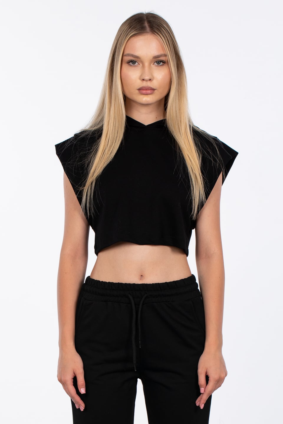 Kapüşonlu kolsuz crop-10076 Siyah