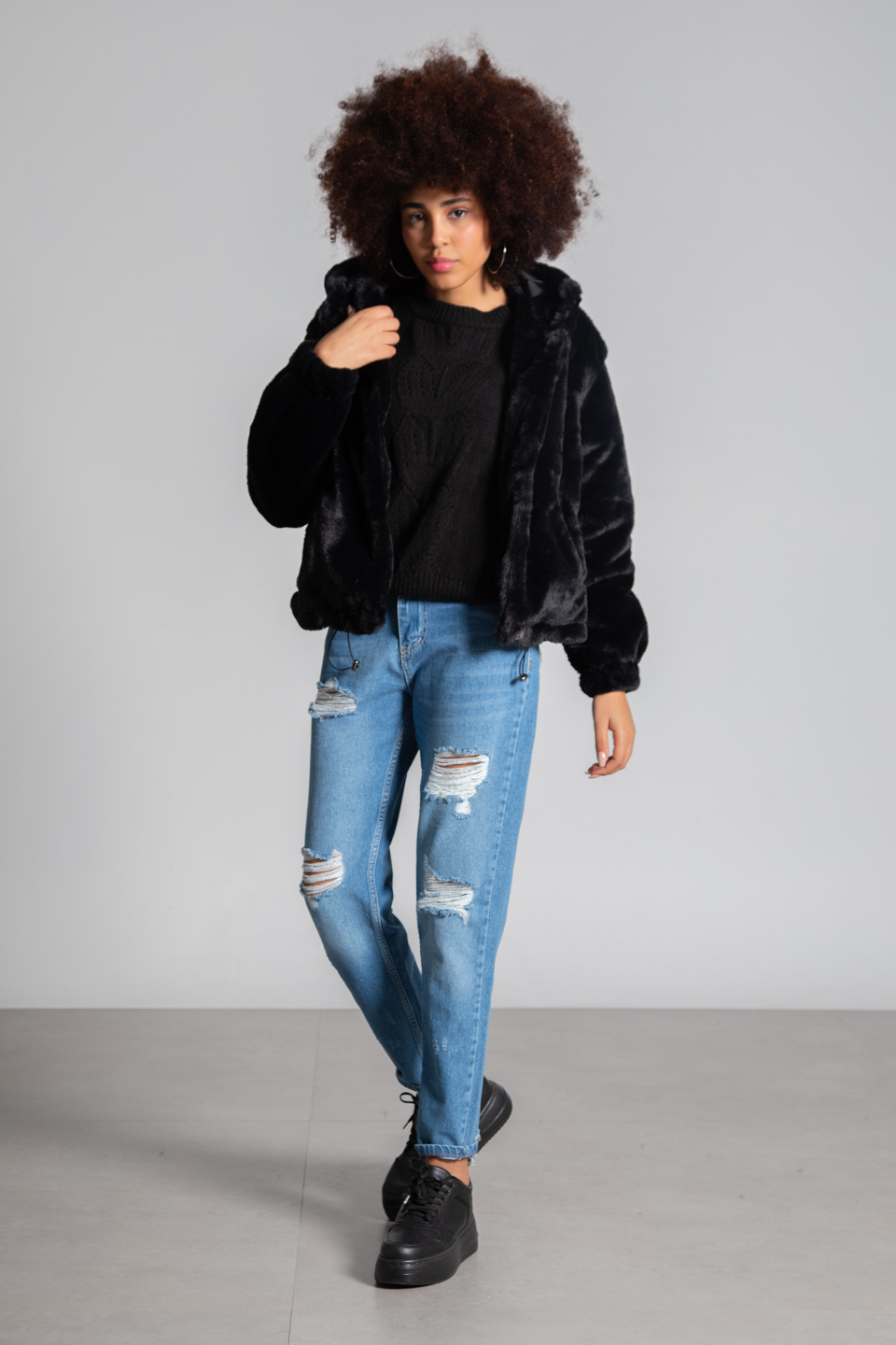 Kapüşonlu leopar desen peluş mont-1607 Siyah