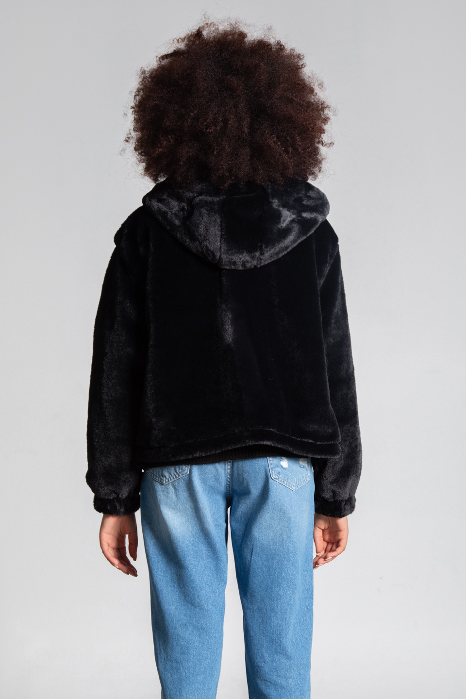 Kapüşonlu leopar desen peluş mont-1607 Siyah