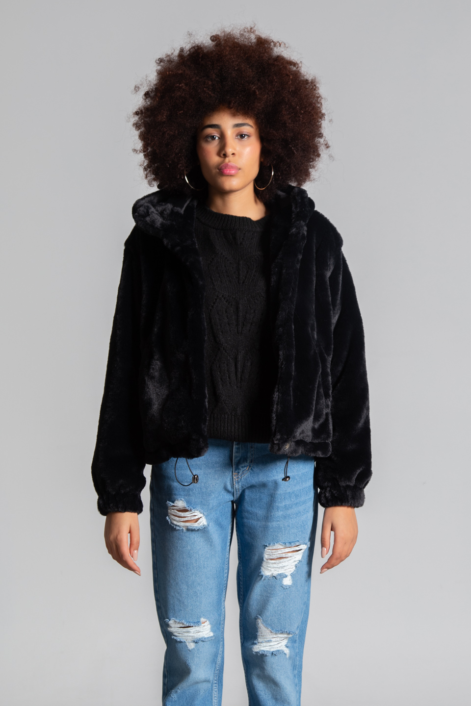 Kapüşonlu leopar desen peluş mont-1607 Siyah