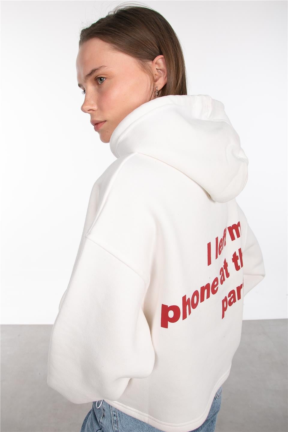 Kapüşonlu ön arka yazı baskılı sweatshirt-4925 Ekru/Kırmızı
