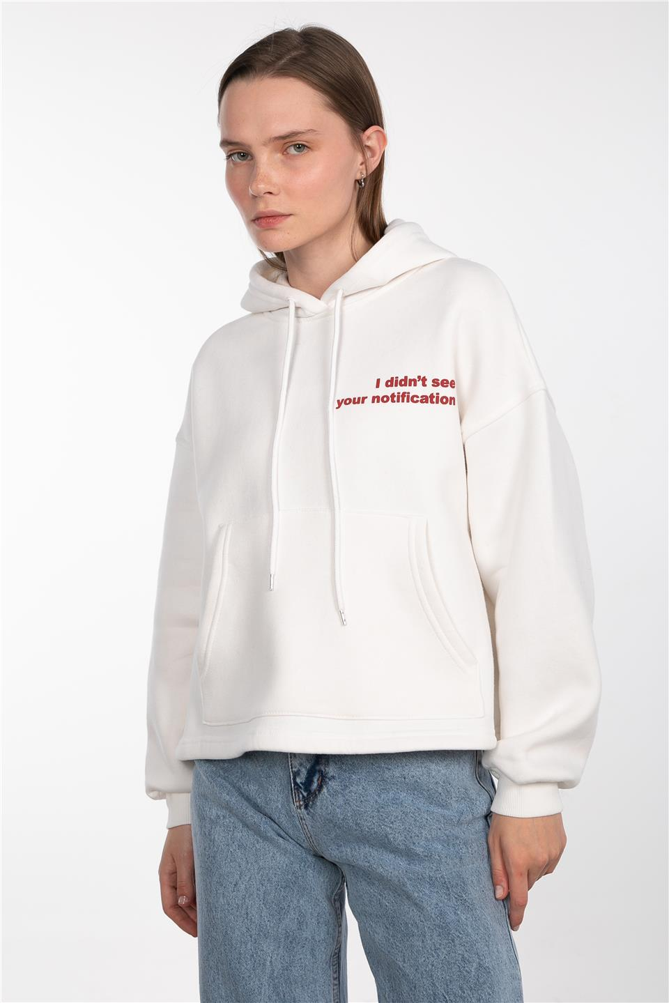 Kapüşonlu ön arka yazı baskılı sweatshirt-4925 Ekru/Kırmızı