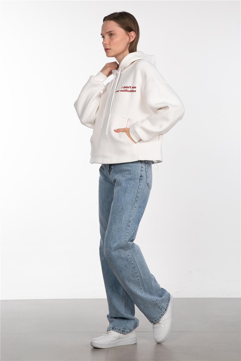 Kapüşonlu ön arka yazı baskılı sweatshirt-4925 Ekru/Kırmızı