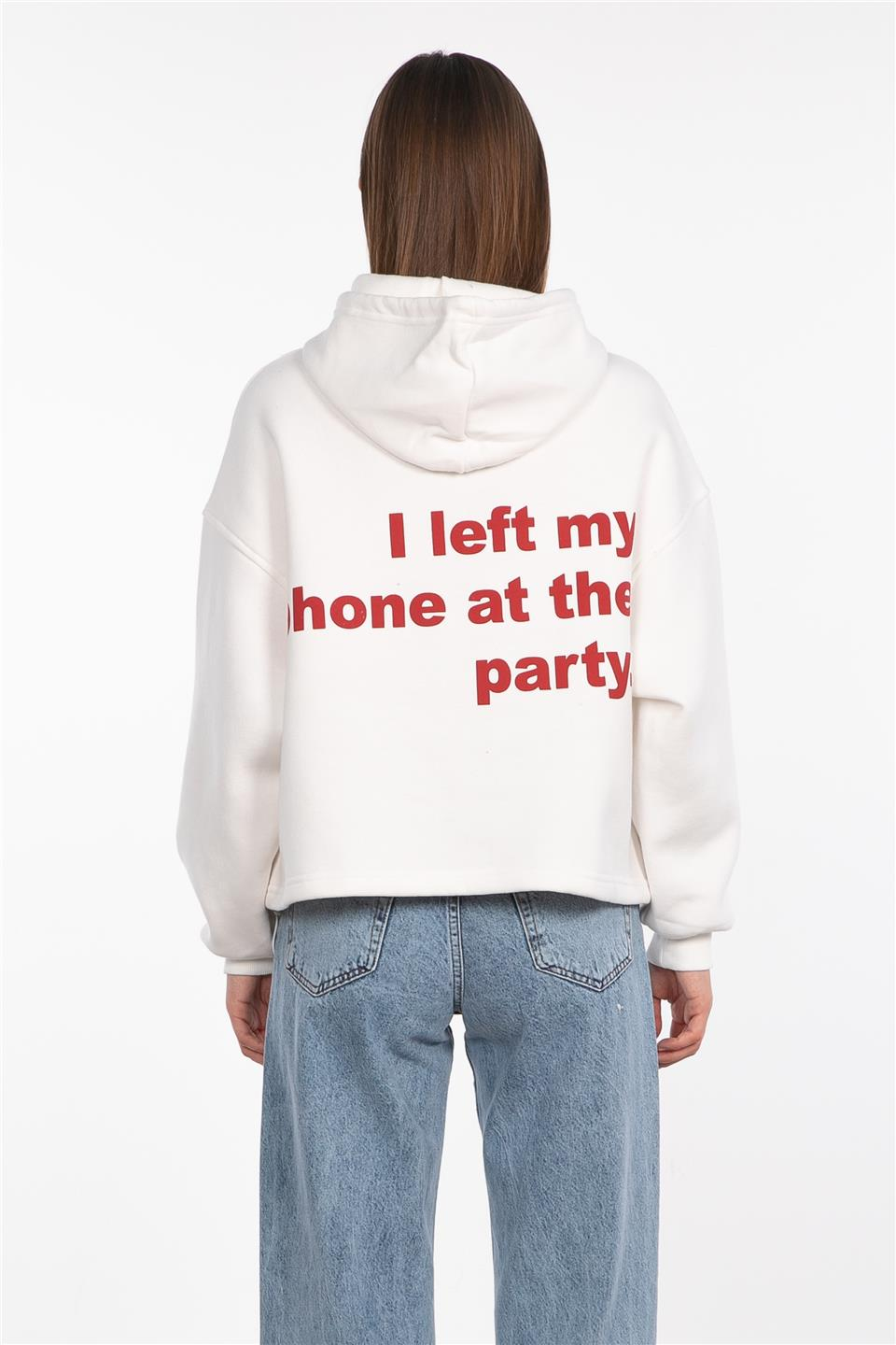 Kapüşonlu ön arka yazı baskılı sweatshirt-4925 Ekru/Kırmızı