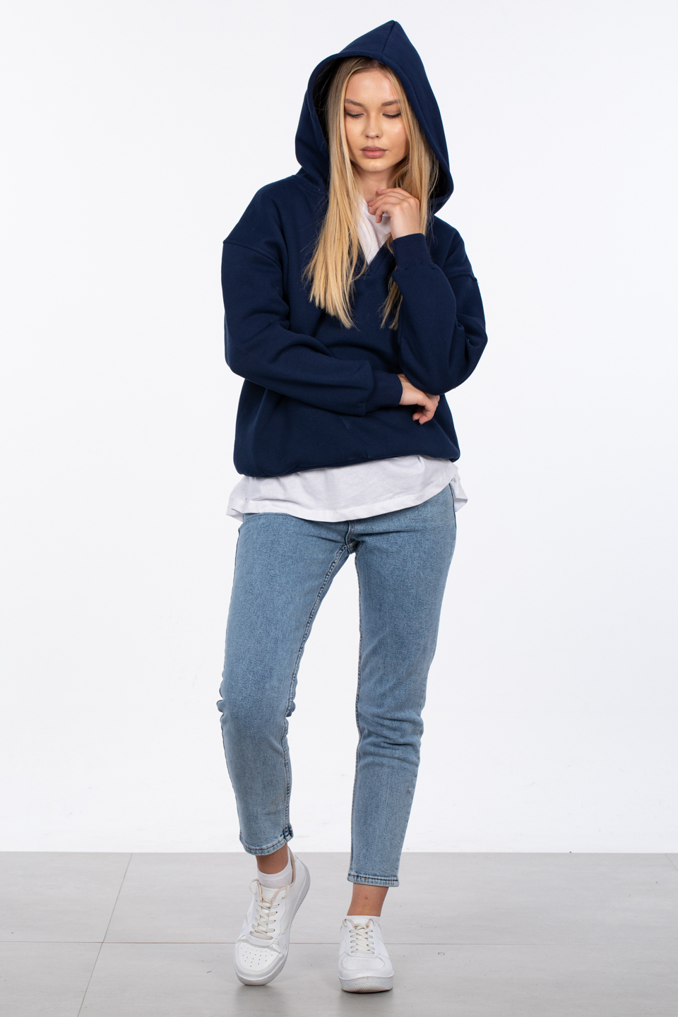 Kapüşonlu ön ve arka baskılı sweatshirt-83-235 Lacivert