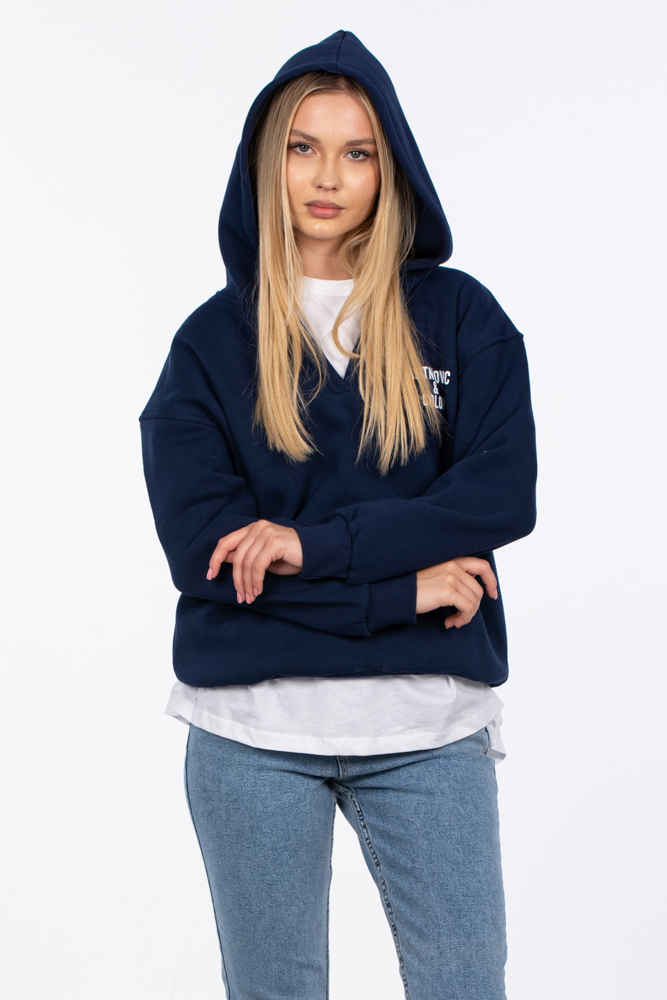 Kapüşonlu ön ve arka baskılı sweatshirt-83-235 Lacivert