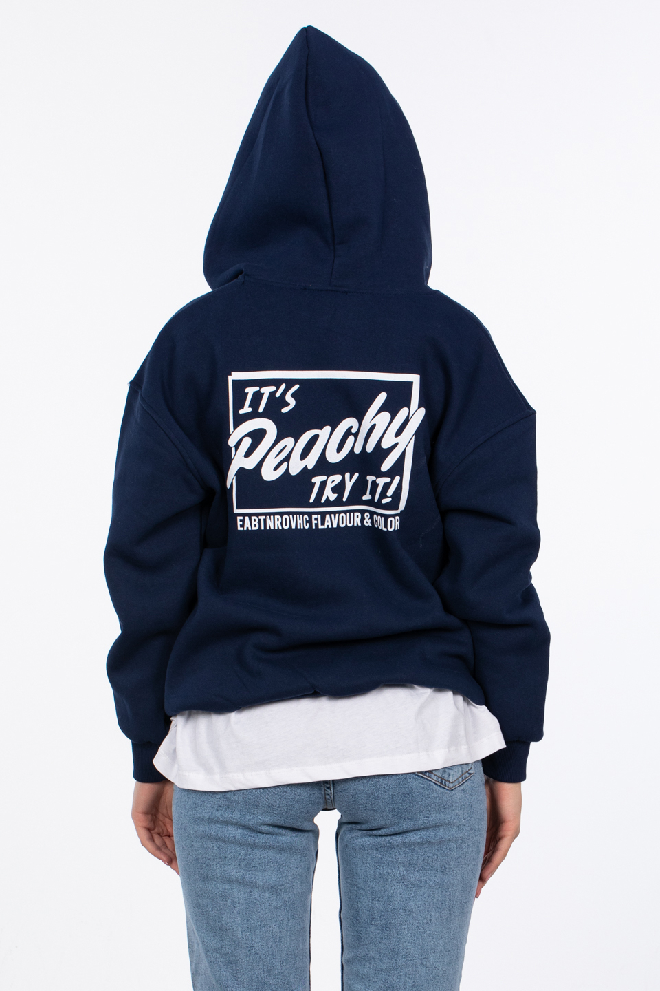 Kapüşonlu ön ve arka baskılı sweatshirt-83-235 Lacivert