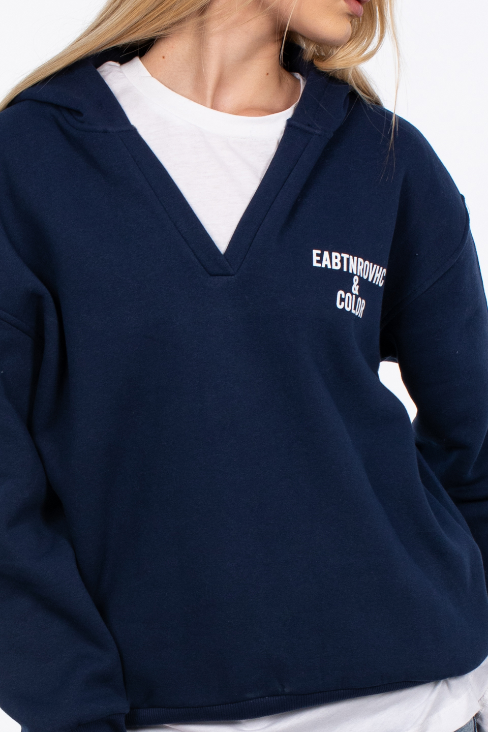 Kapüşonlu ön ve arka baskılı sweatshirt-83-235 Lacivert
