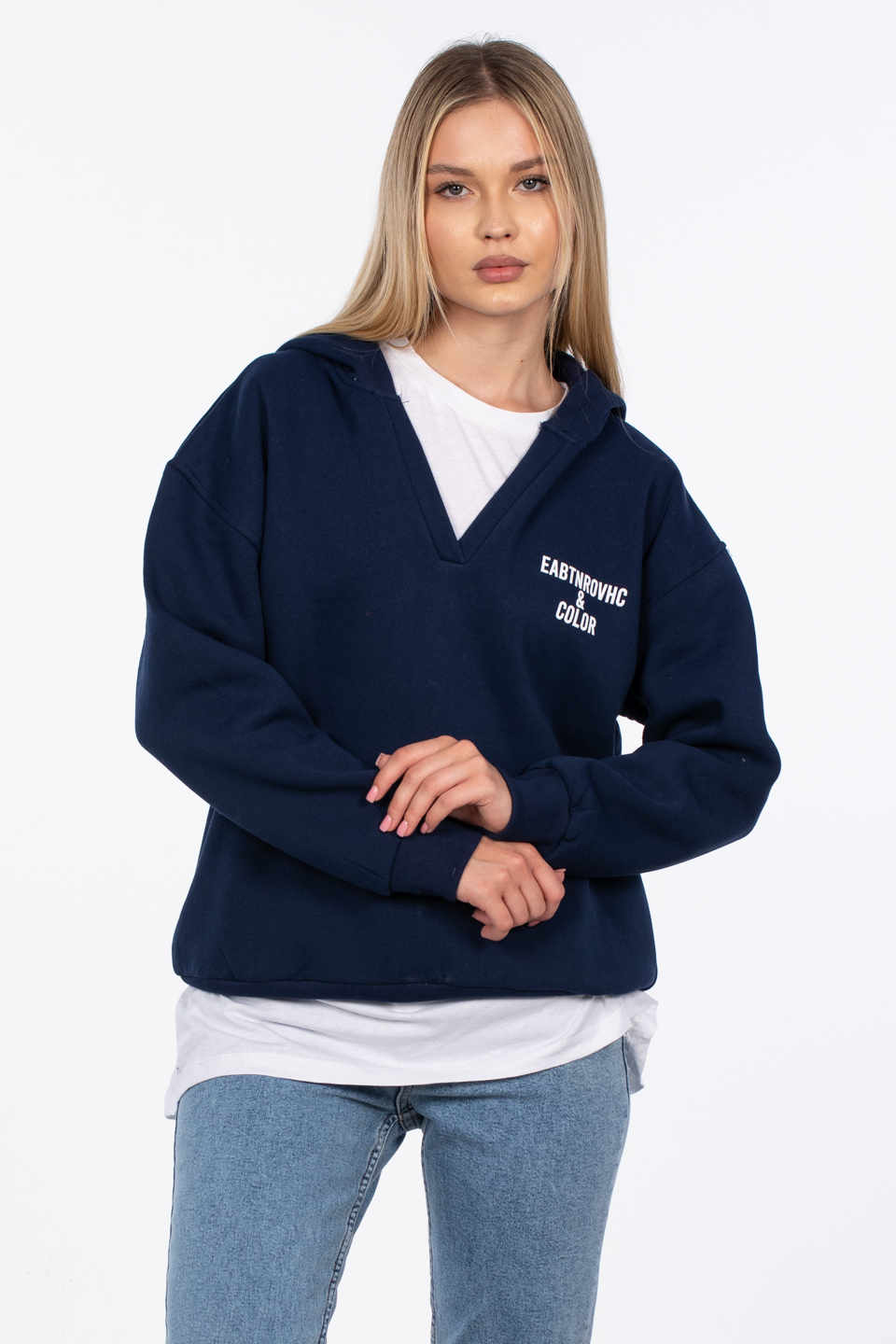 Kapüşonlu ön ve arka baskılı sweatshirt-83-235 Lacivert