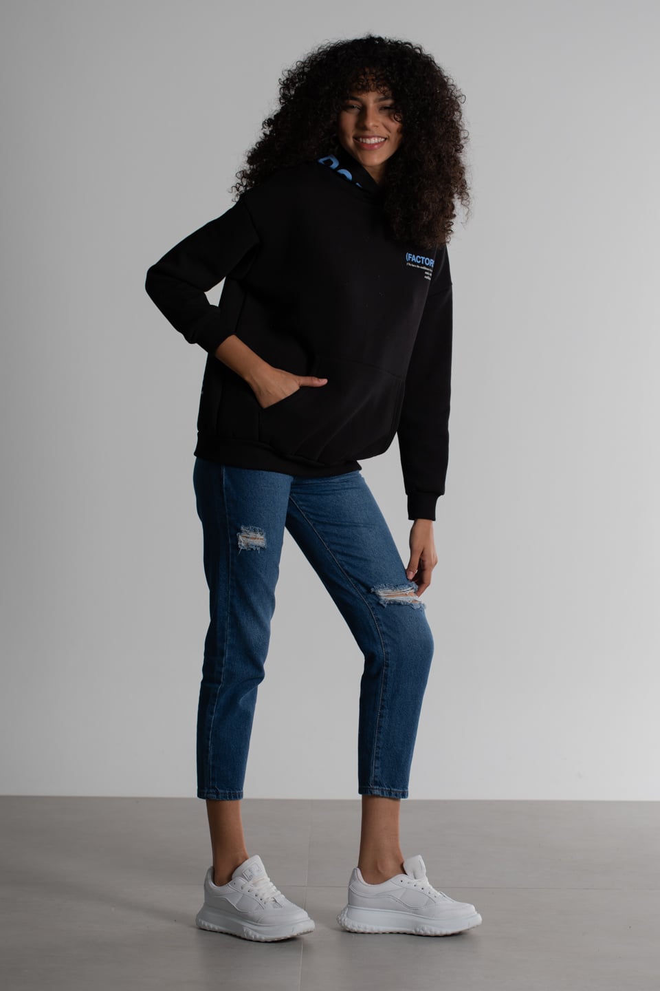 Kapüşonlu Önü Arkası Baskılı Sweatshirt - Siyah