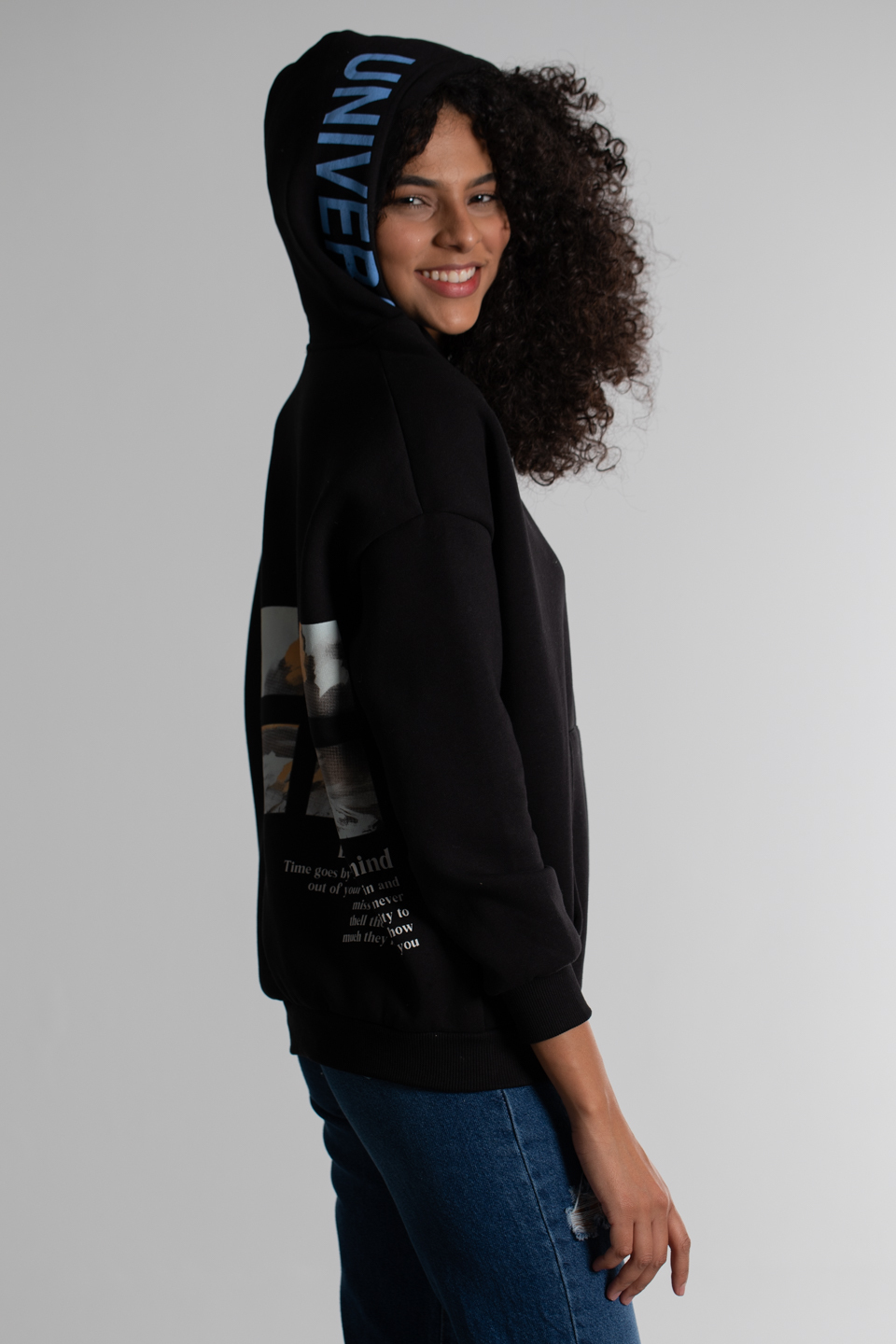 Kapüşonlu Önü Arkası Baskılı Sweatshirt - Siyah