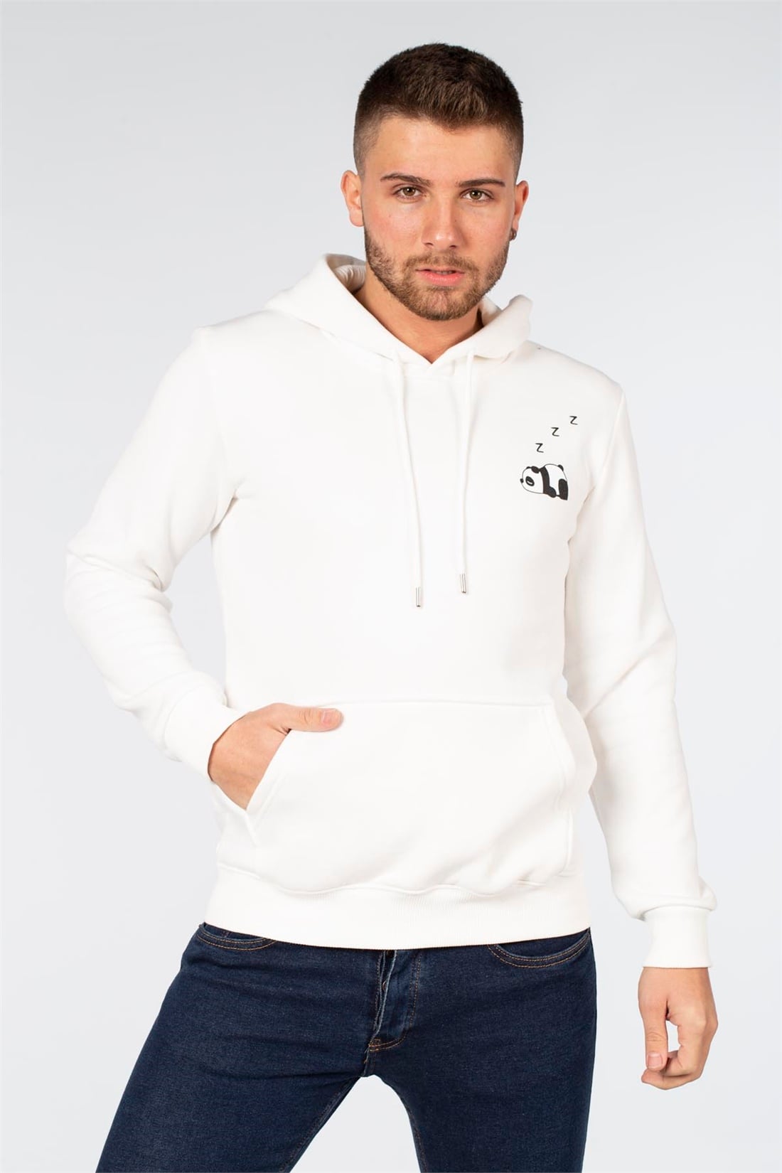 Kapüşonlu Panda Baskılı Sweat-Ekru