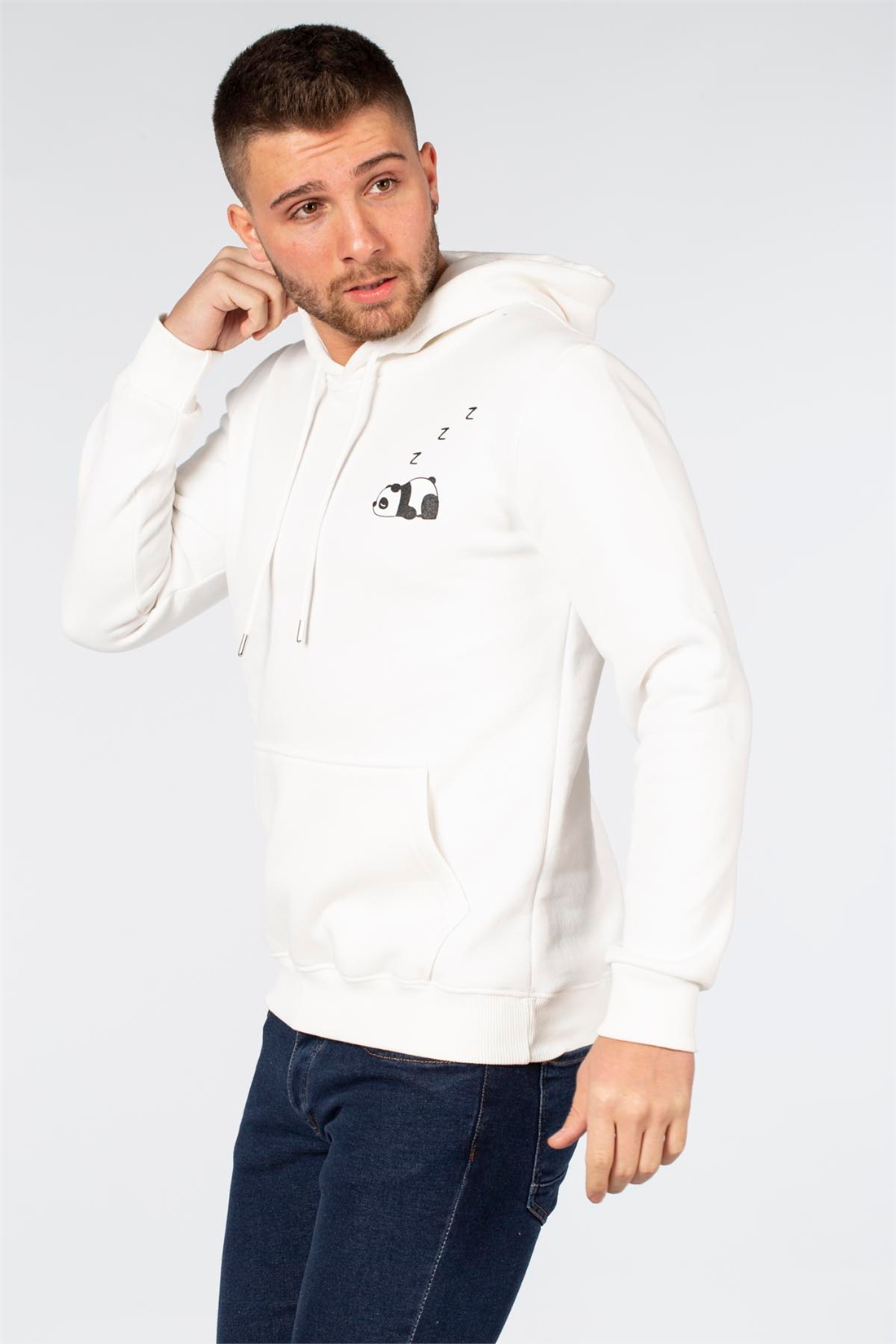 Kapüşonlu Panda Baskılı Sweat-Ekru