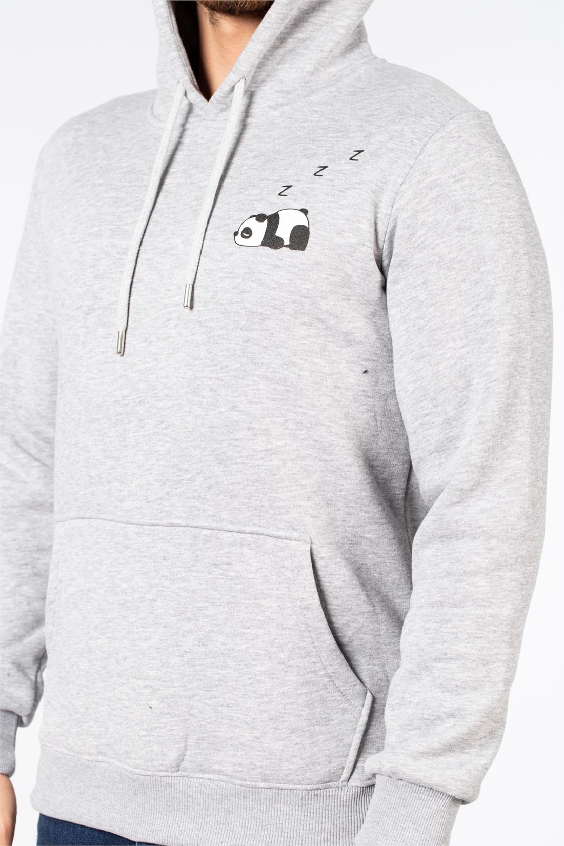 Kapüşonlu Panda Baskılı Sweat-Gri Melanj