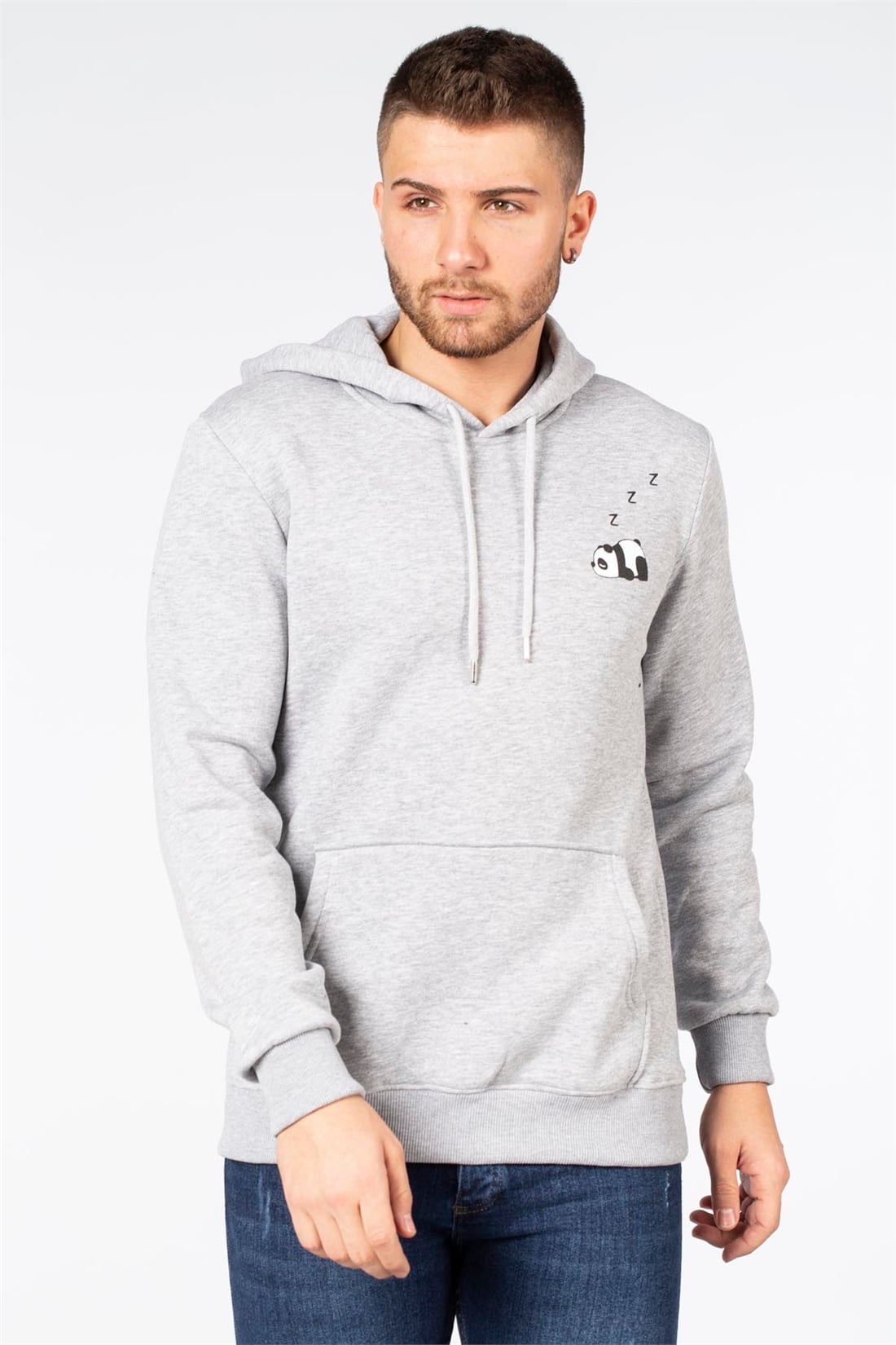 Kapüşonlu Panda Baskılı Sweat-Gri Melanj