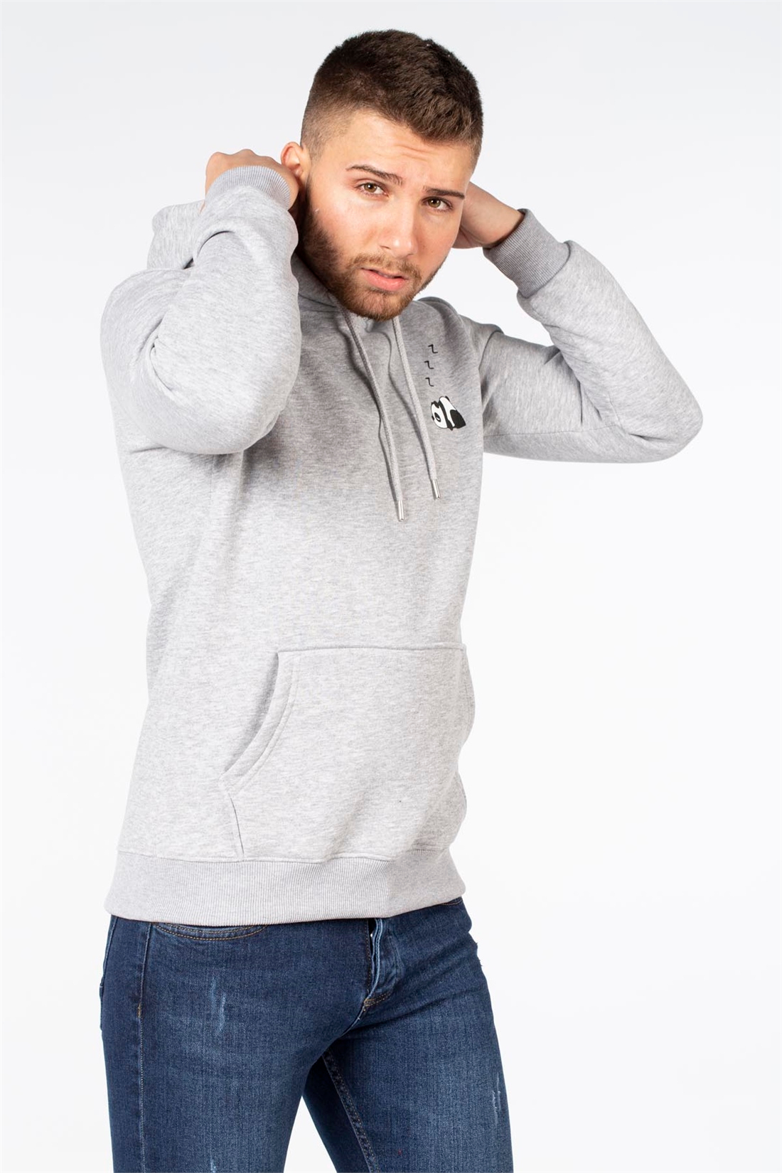 Kapüşonlu Panda Baskılı Sweat-Gri Melanj