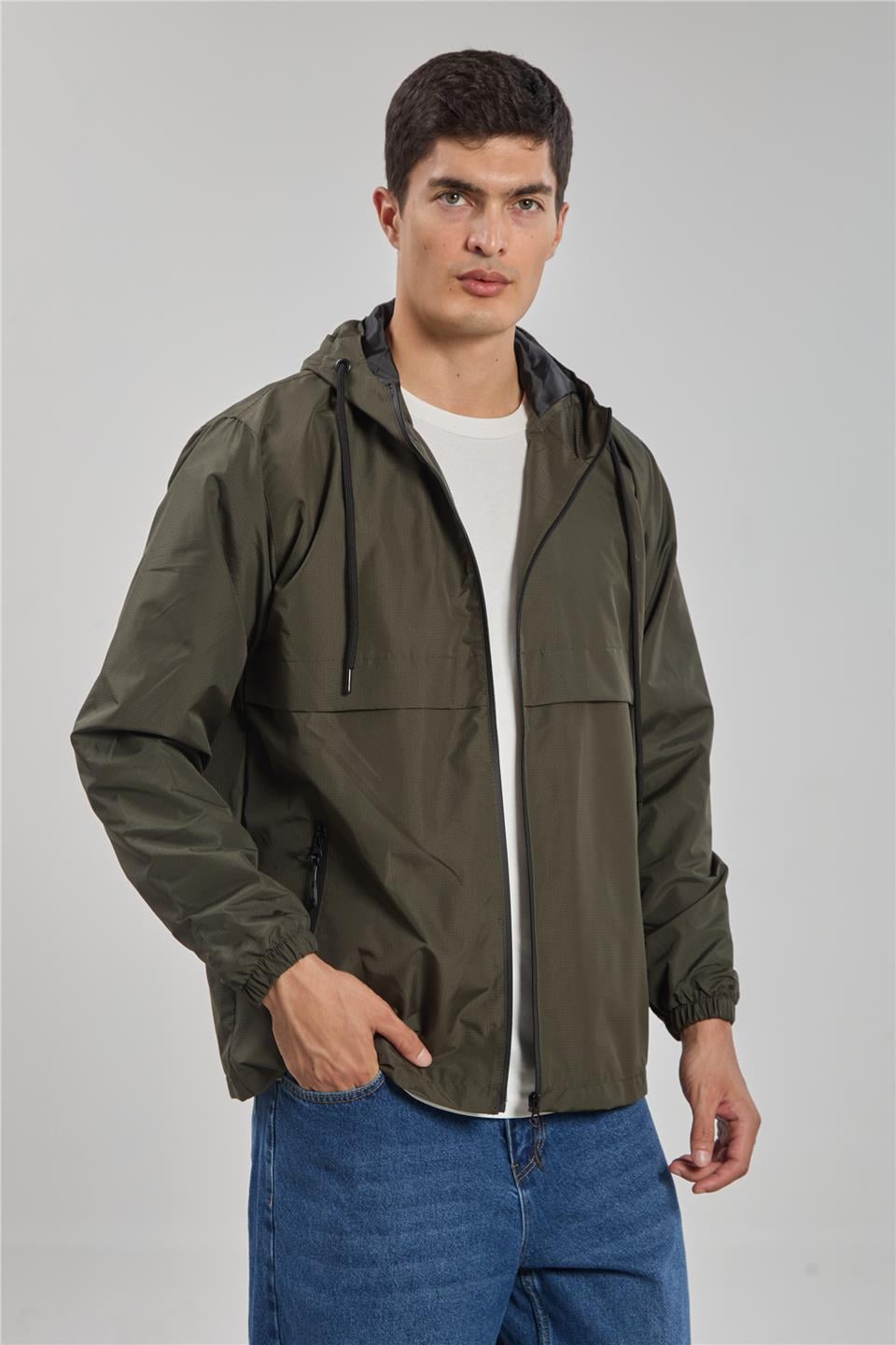 Kapüşonlu teknik mont-3438 Açık Haki
