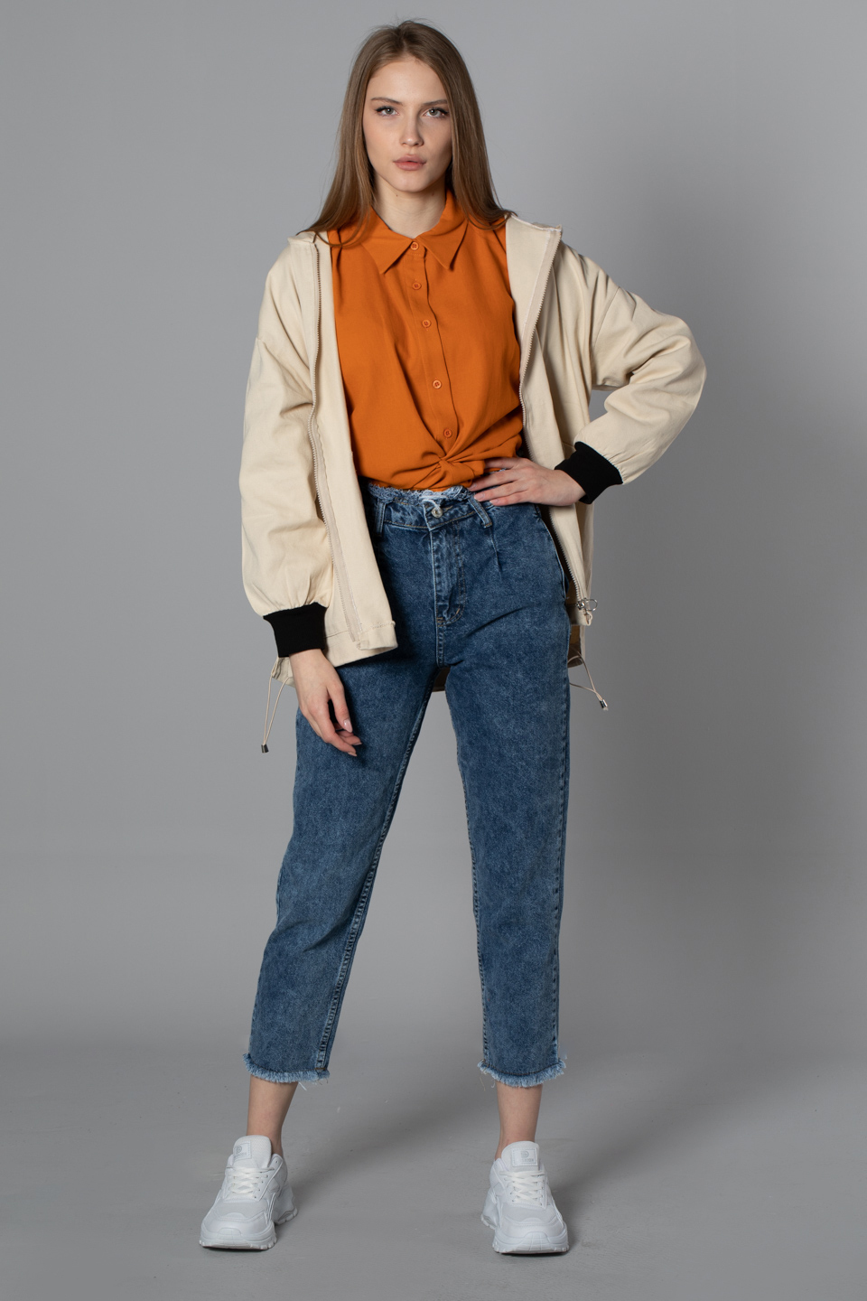 Kapüşonlu torba cep gabardin ceket-3149 Bej