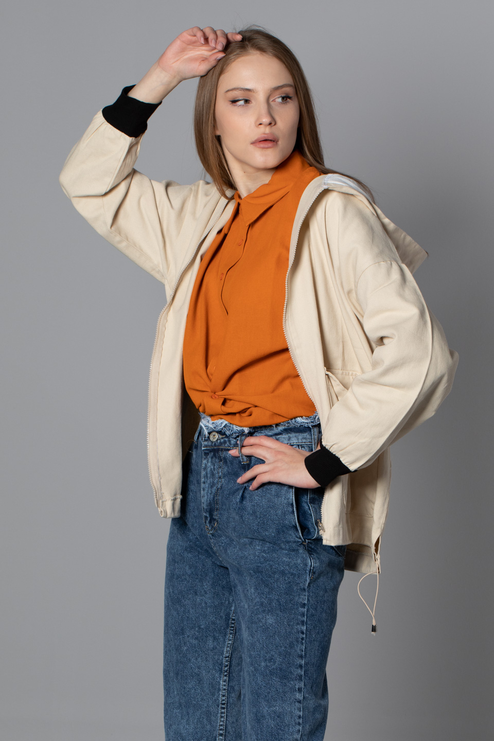 Kapüşonlu torba cep gabardin ceket-3149 Bej