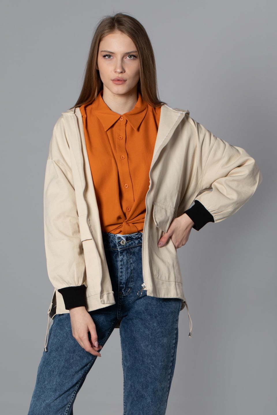Kapüşonlu torba cep gabardin ceket-3149 Bej