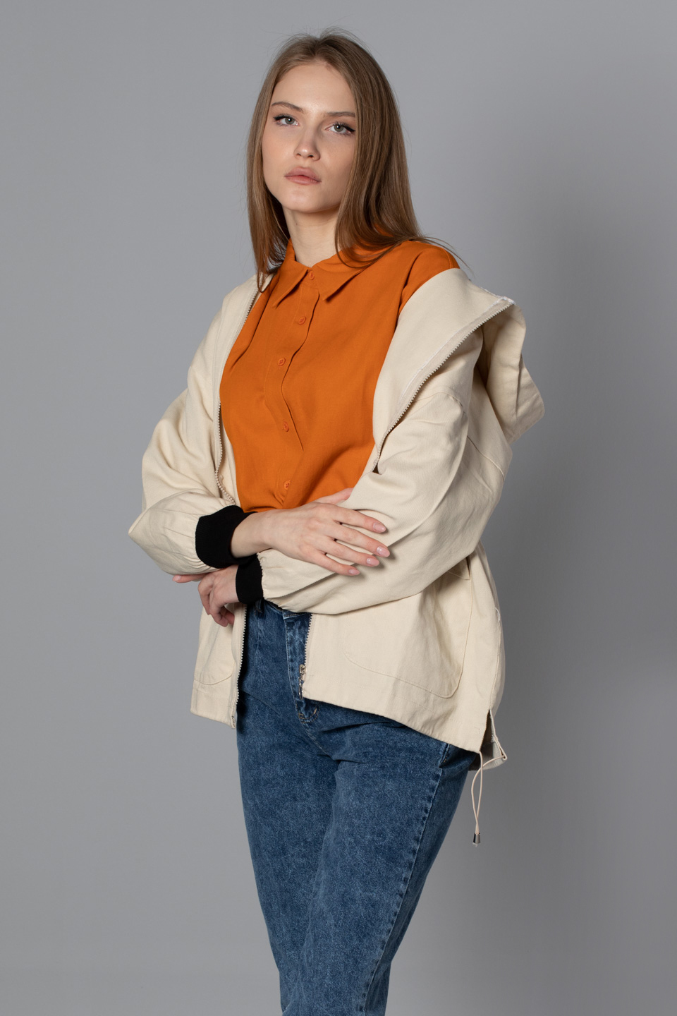 Kapüşonlu torba cep gabardin ceket-3149 Bej