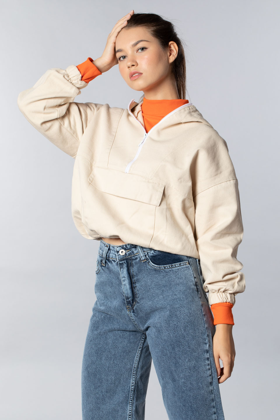 Kapüşonlu yarım fermuarlı gabardın sweatshırt-1330 Taş
