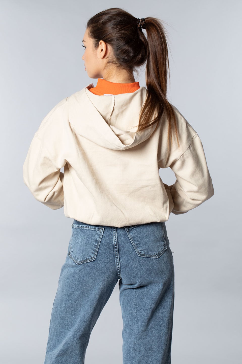 Kapüşonlu yarım fermuarlı gabardın sweatshırt-1330 Taş
