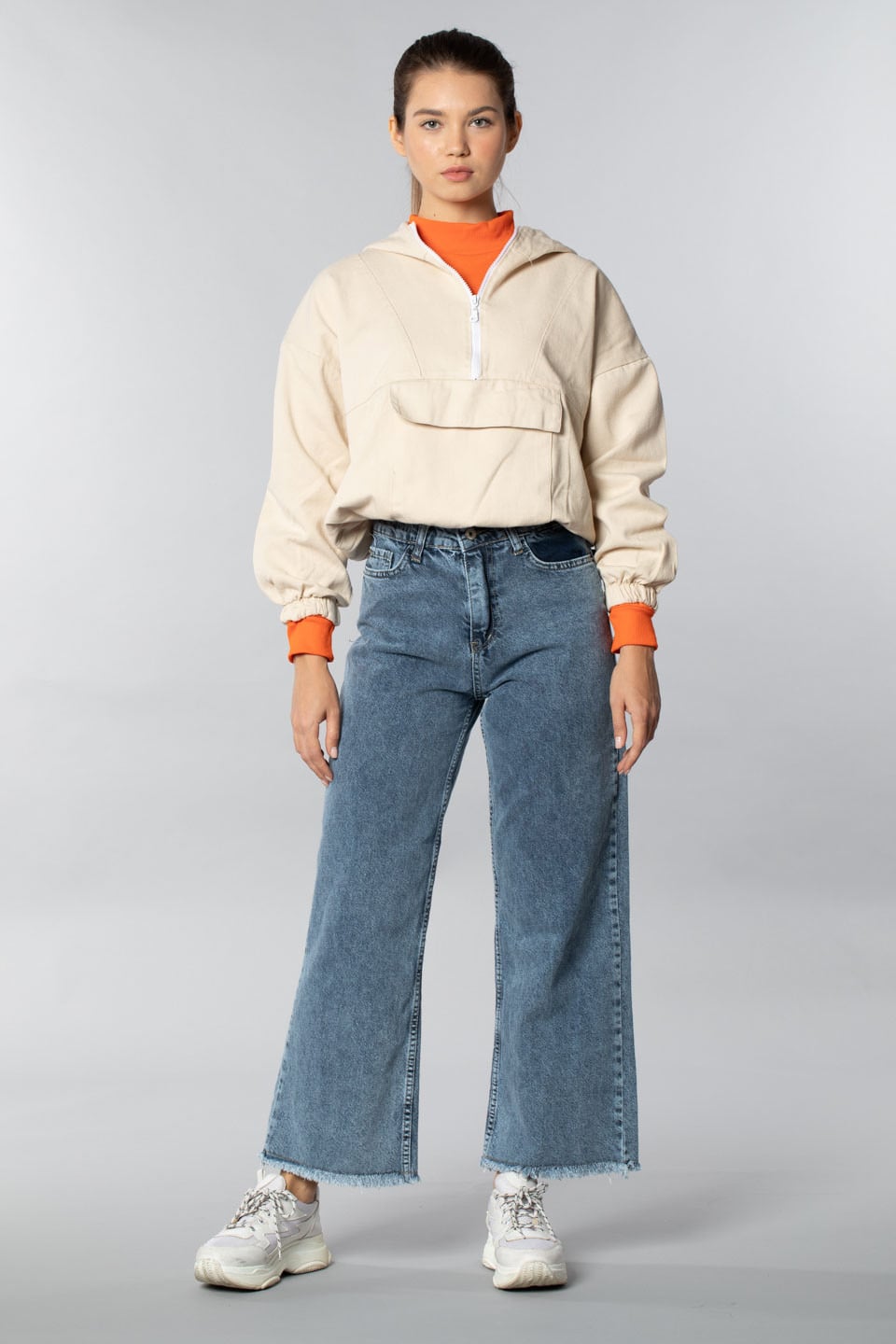 Kapüşonlu yarım fermuarlı gabardın sweatshırt-1330 Taş