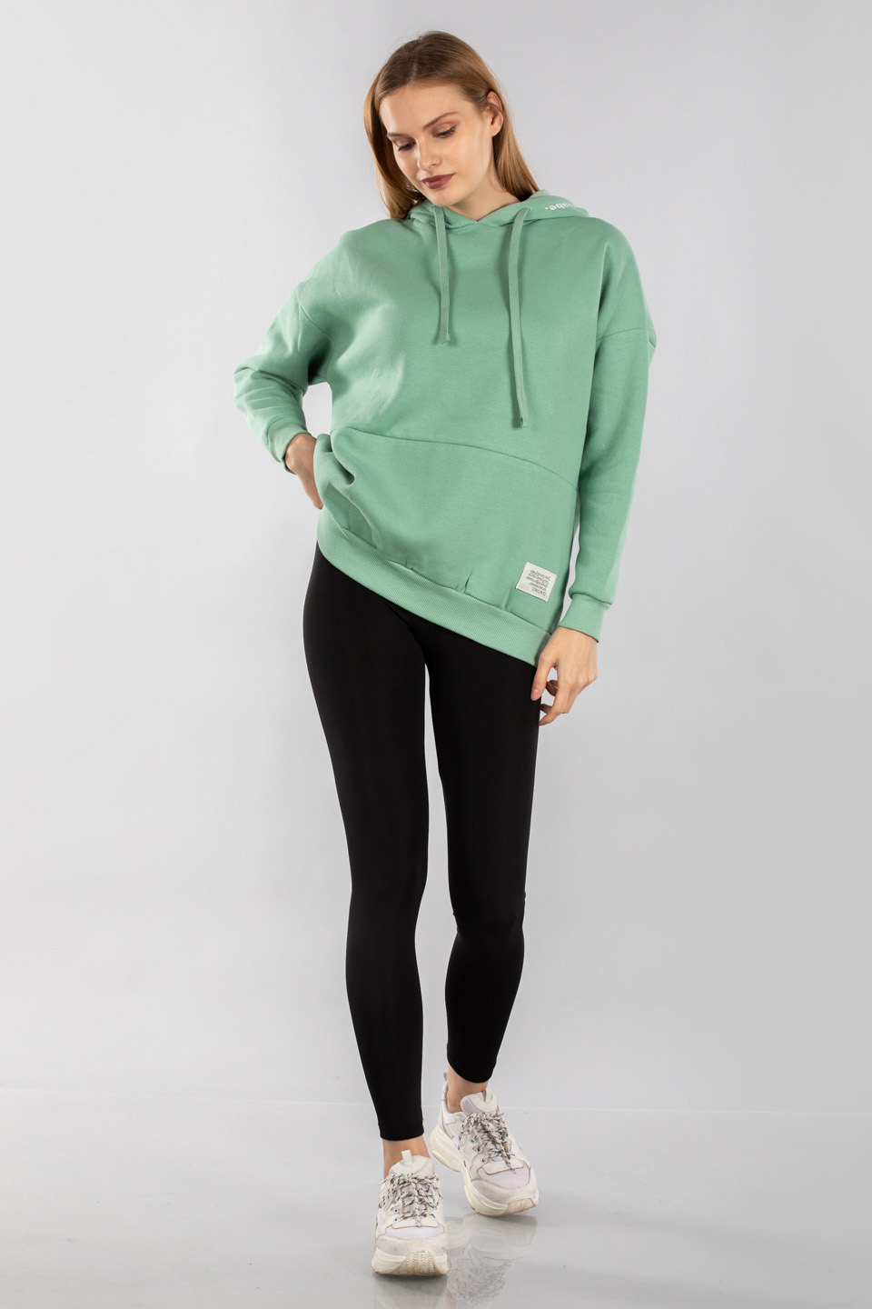 Kapüşonu baskılı kanguru cepli sweatshirt-9623 Çağla