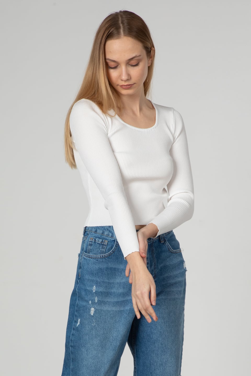 Kare yaka basıc body-3041 Ekru