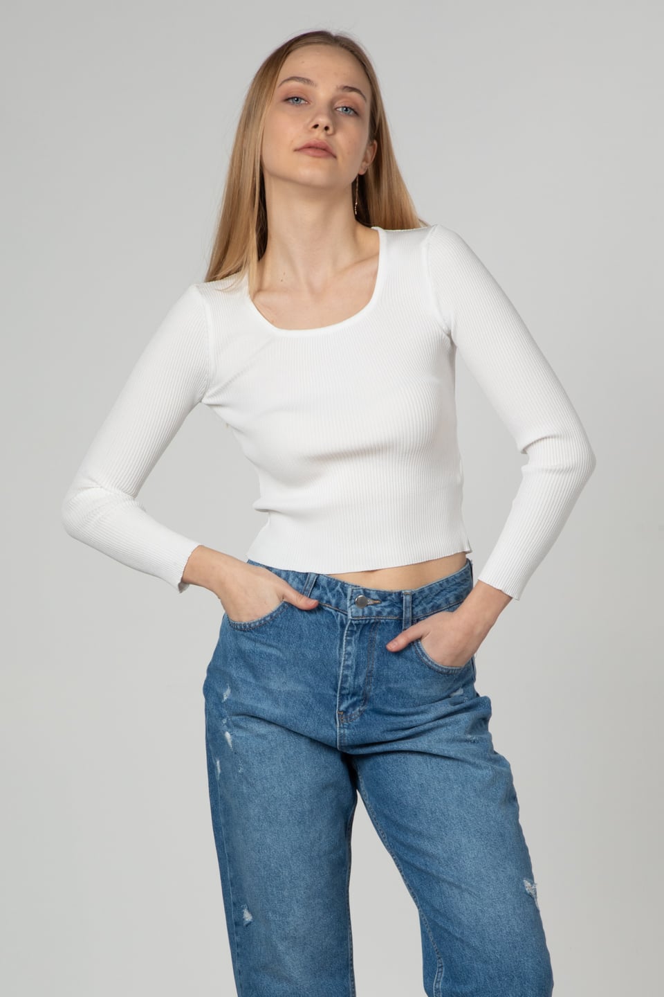 Kare yaka basıc body-3041 Ekru