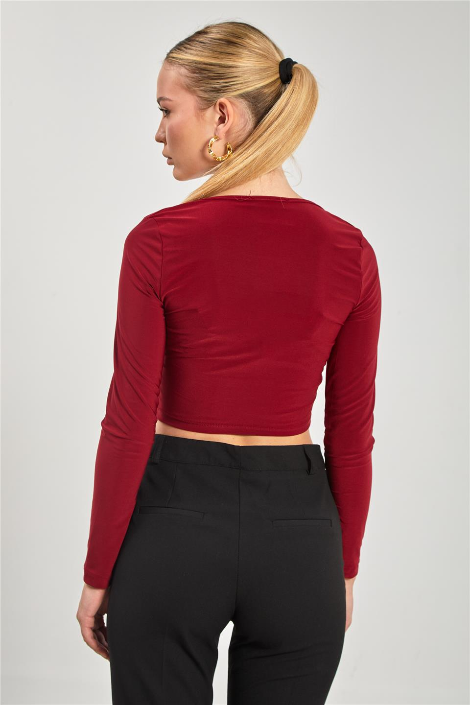 Kare yaka gloplu uzun kol bluz-13915 Bordo