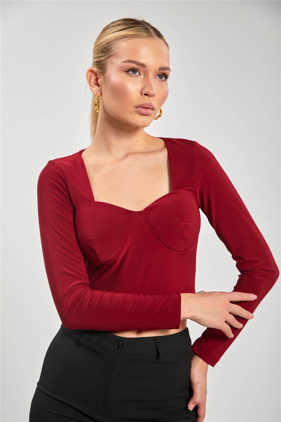 Kare yaka gloplu uzun kol bluz-13915 Bordo