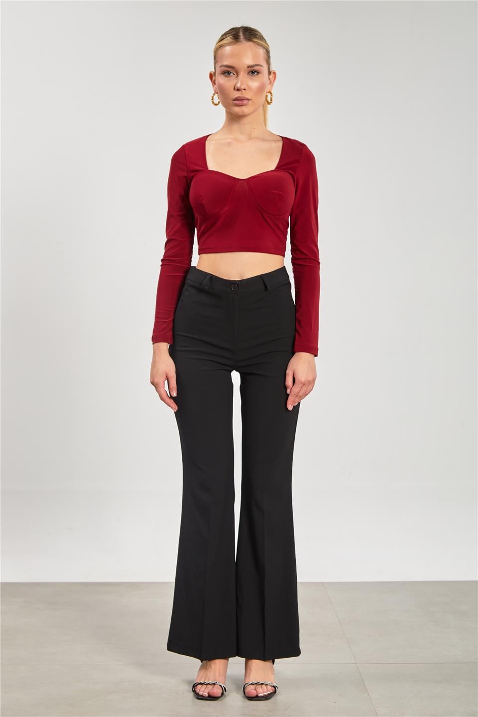 Kare yaka gloplu uzun kol bluz-13915 Bordo