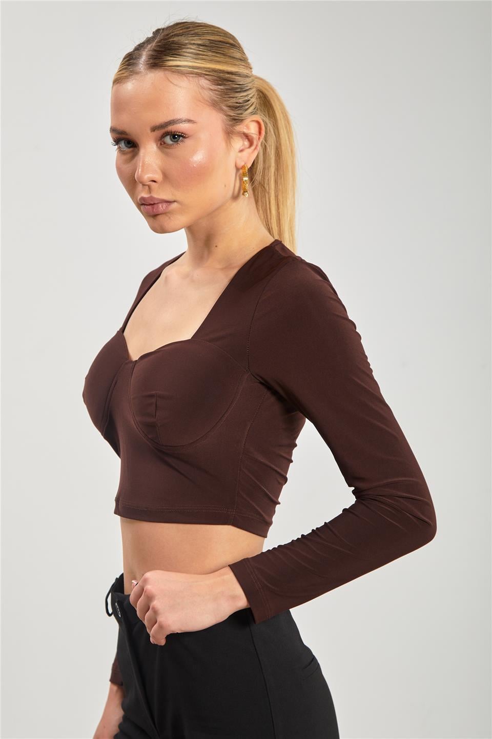 Kare yaka gloplu uzun kol bluz-13915 Kahve