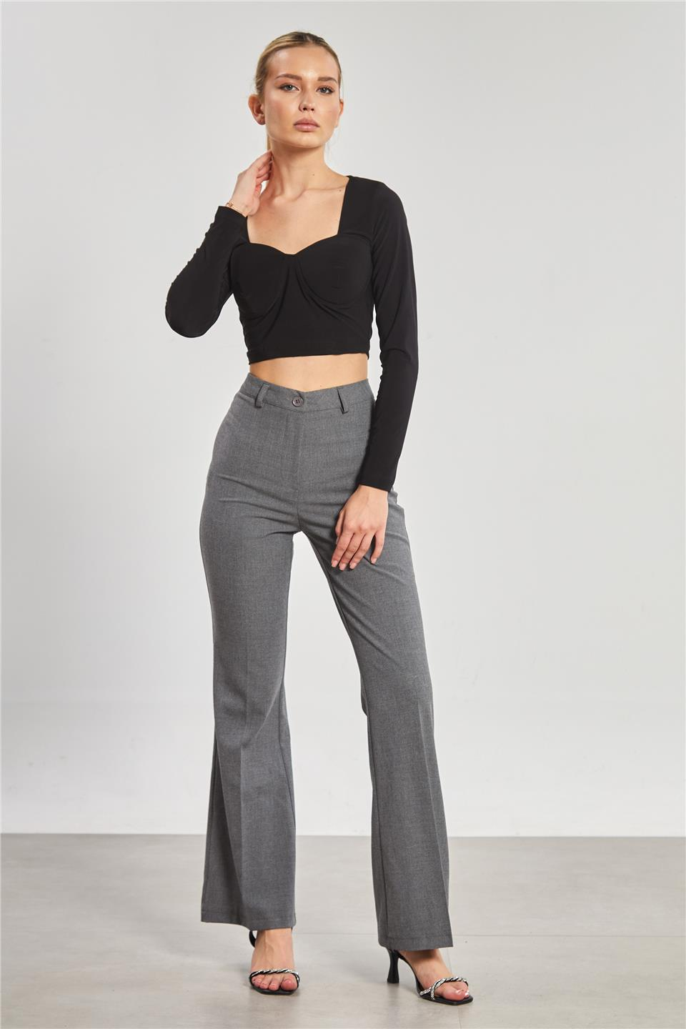 Kare yaka gloplu uzun kol bluz-13915 Siyah