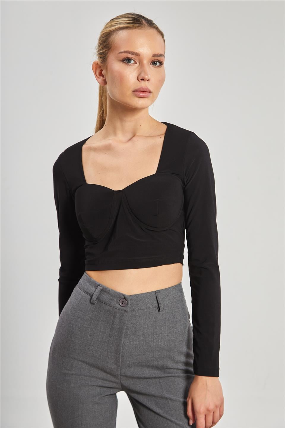 Kare yaka gloplu uzun kol bluz-13915 Siyah