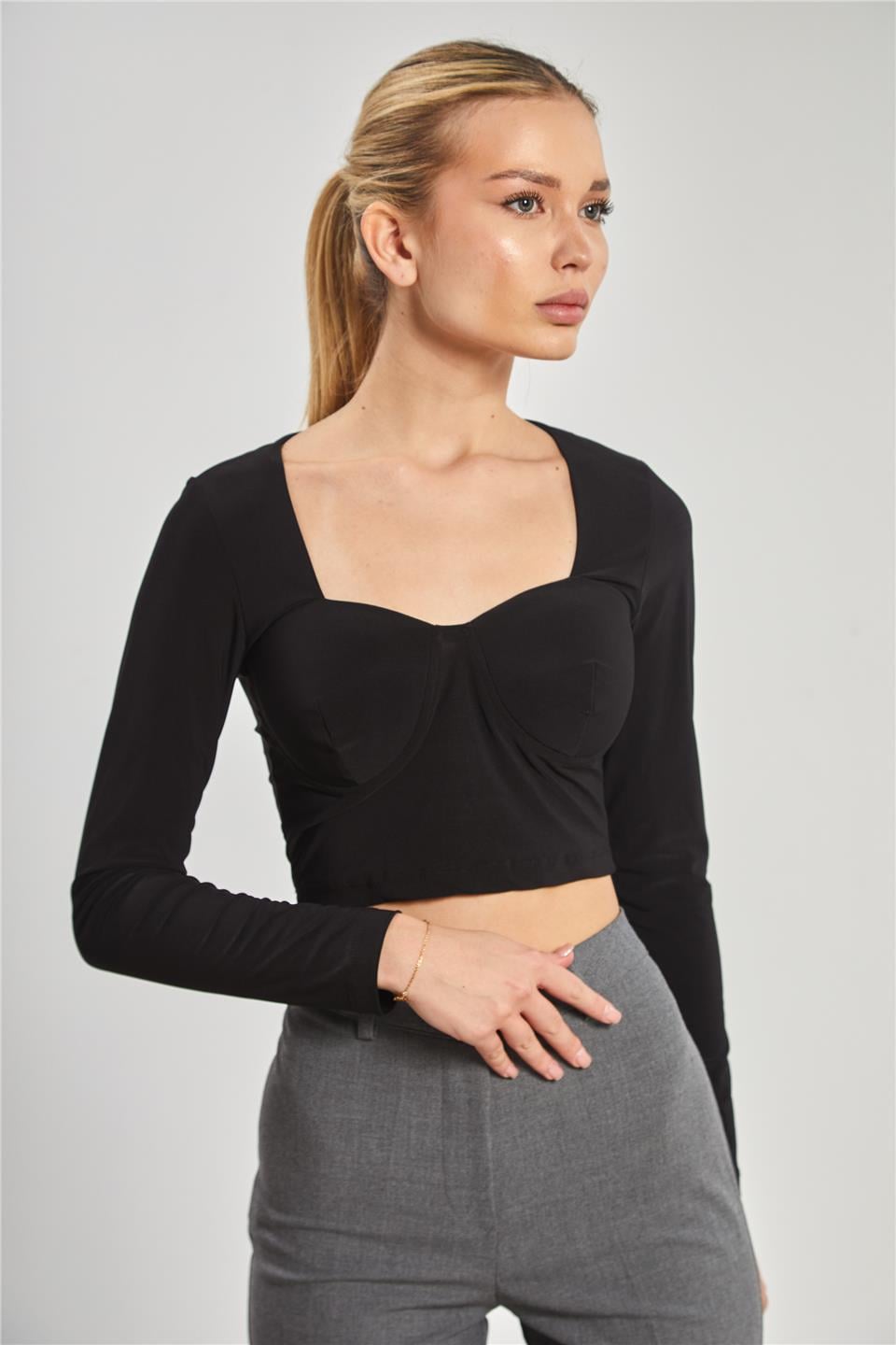 Kare yaka gloplu uzun kol bluz-13915 Siyah