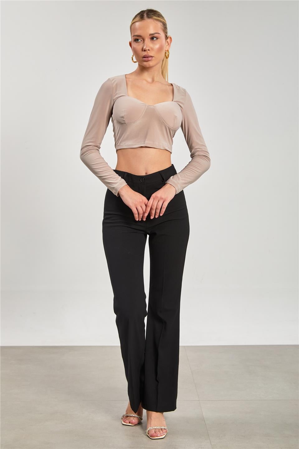 Kare yaka gloplu uzun kol bluz-13915 Vizon