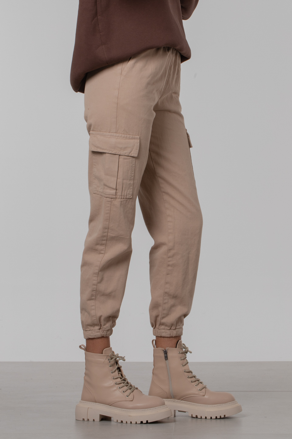 Kargo cep paça lastikli kemerli pantolon-YP5045 Koyu Taş
