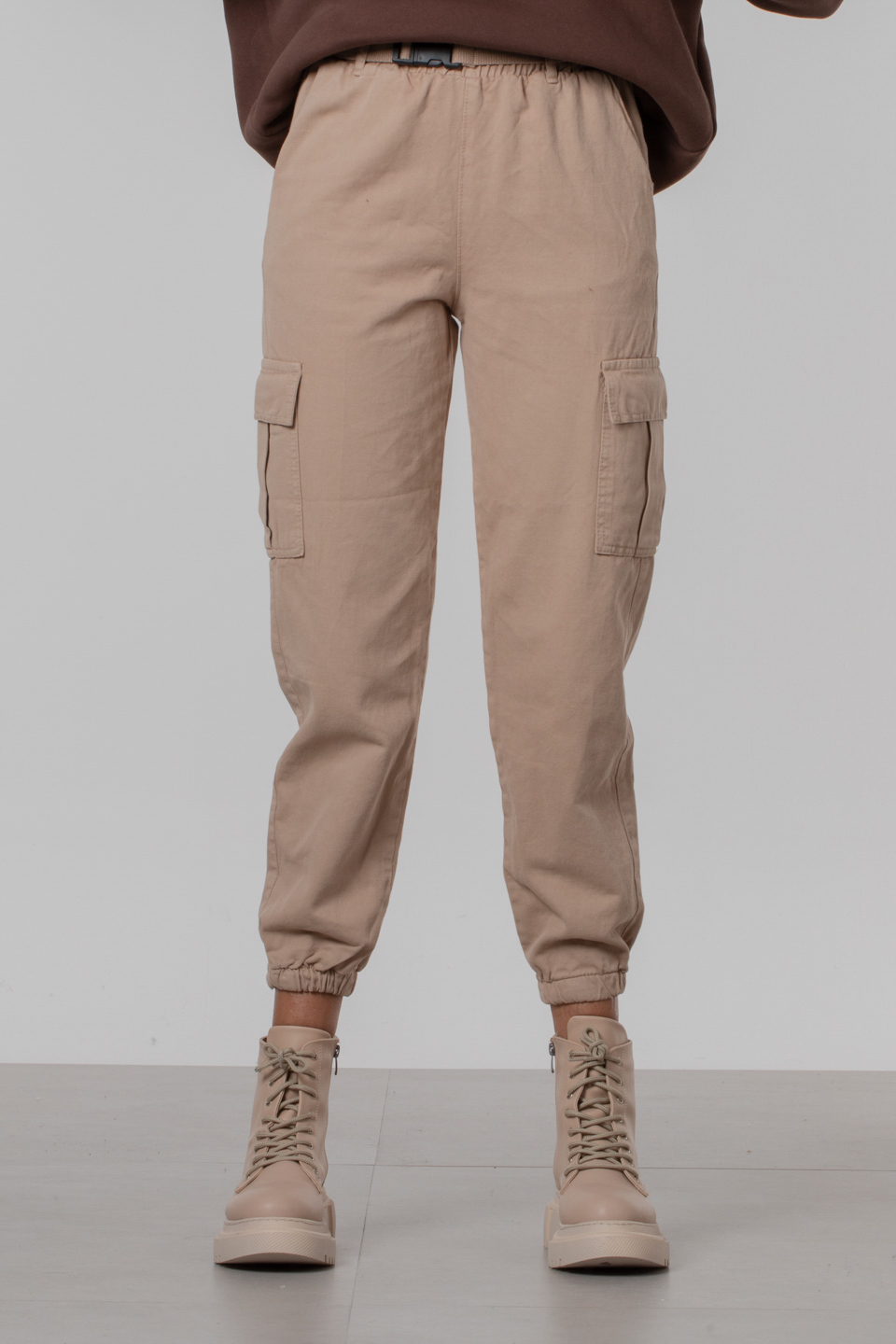 Kargo cep paça lastikli kemerli pantolon-YP5045 Koyu Taş